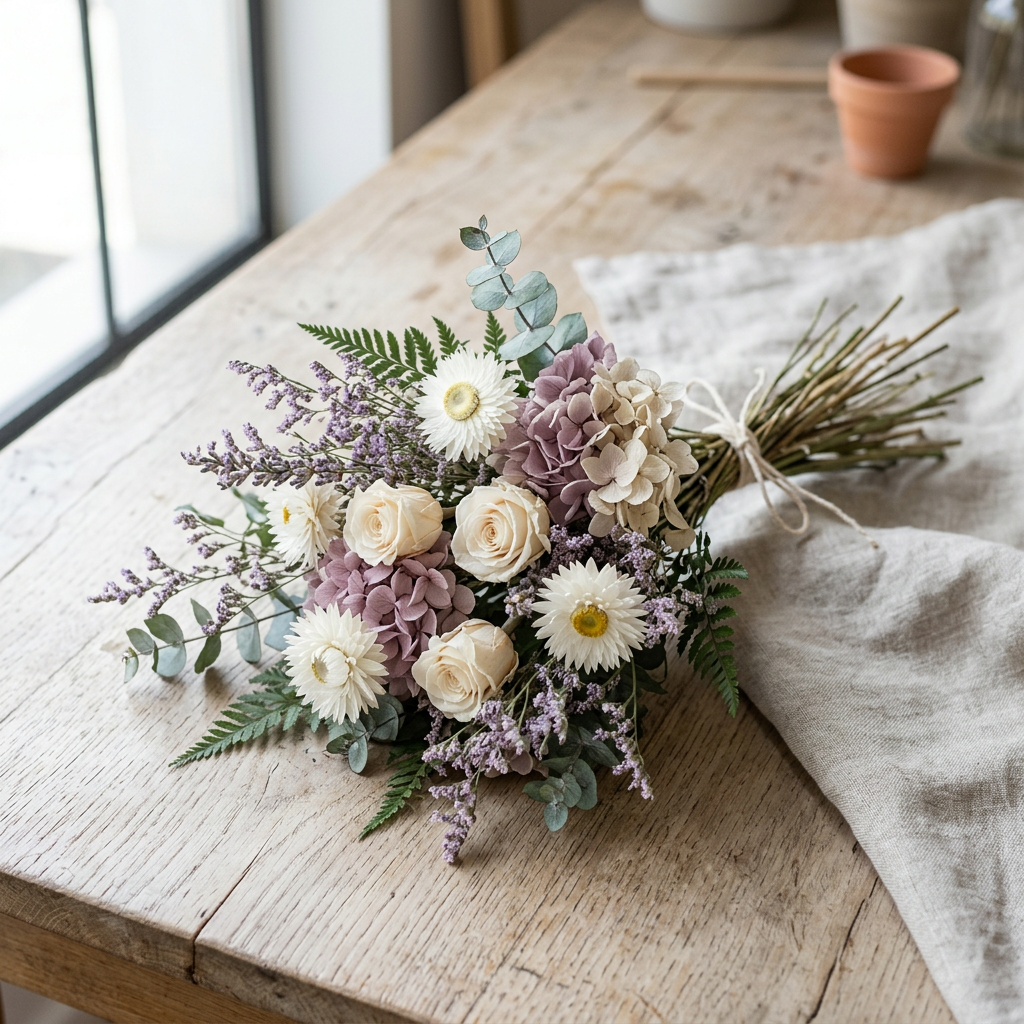 Imagen generada de inspiración: ramo preservado pequeño lavanda y marfil, sin vaso