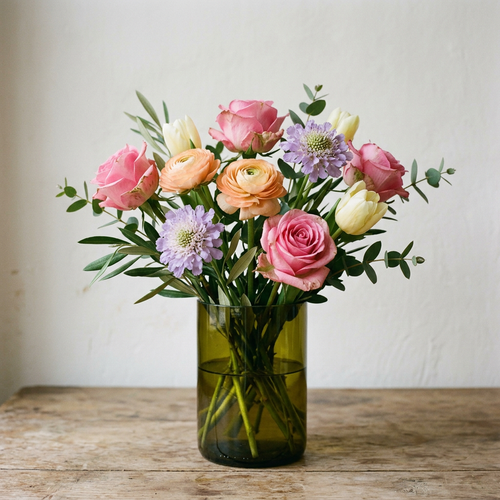 Ramo pequeño con flores variadas y follaje en vaso reciclado opcional. Imagen generada de inspiración.