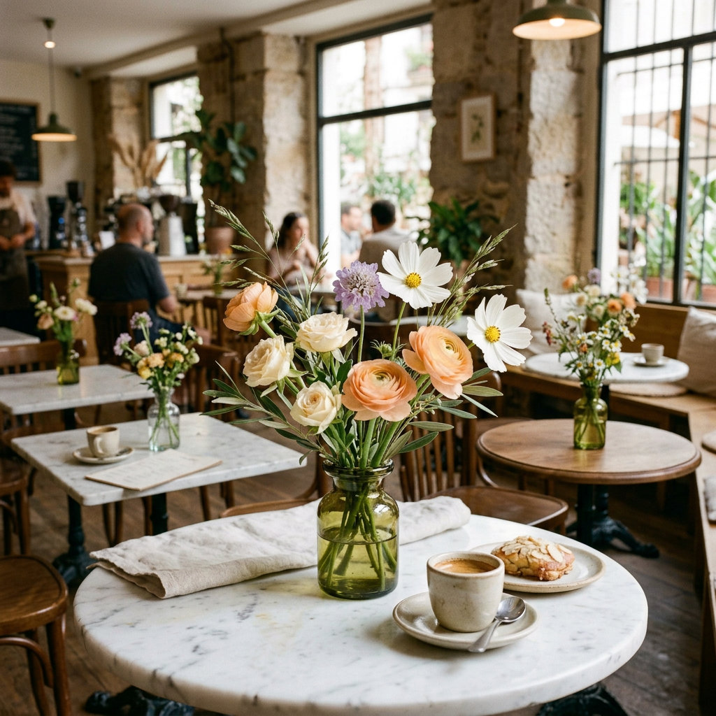 Imagen generada de inspiración: ramos XS en mesas de cafetería